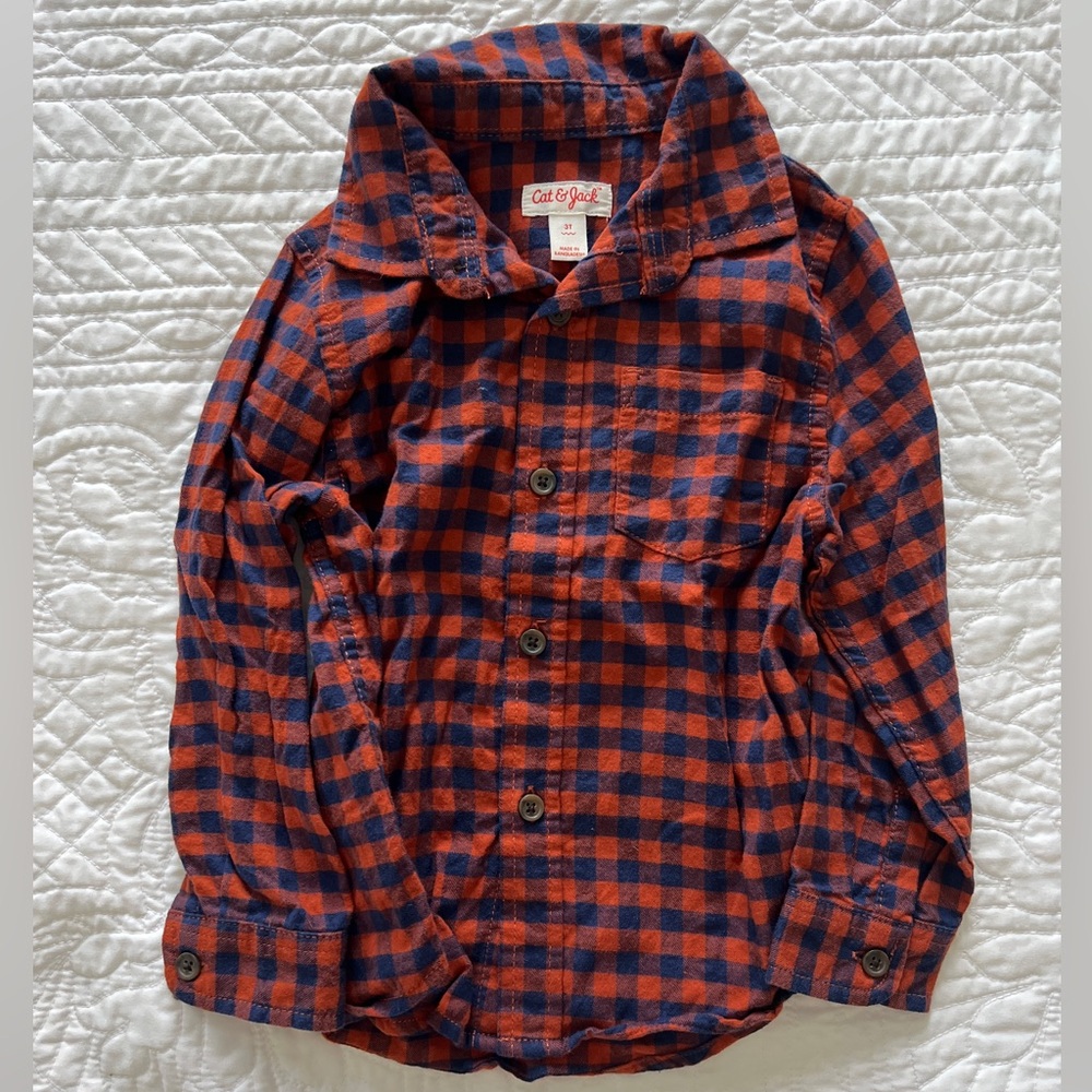 Cat & Jack Orange & Blue Check Button Up 3T